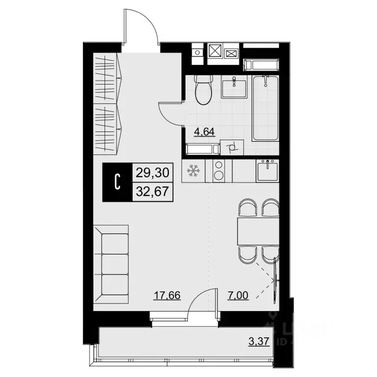 Студия Самарская область, Самара Южное ш., 7А (30.99 м) - Фото 1