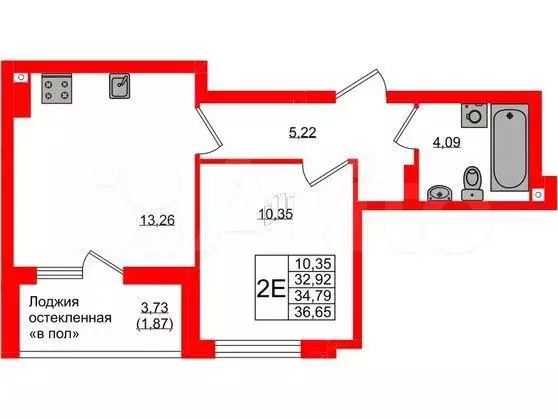 1-к. квартира, 34,8м, 6/9эт. - Фото 1