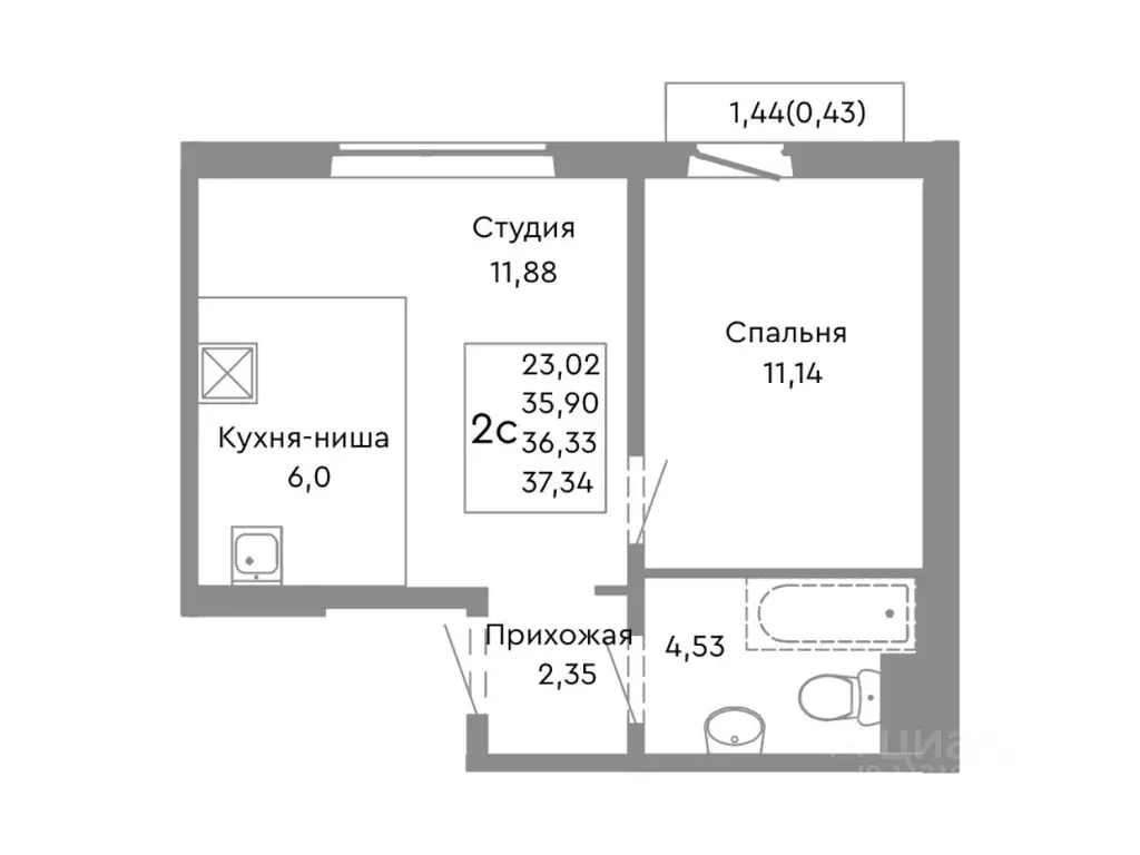 2-к кв. Челябинская область, Челябинск ул. Танкистов, 175 (36.33 м) - Фото 1