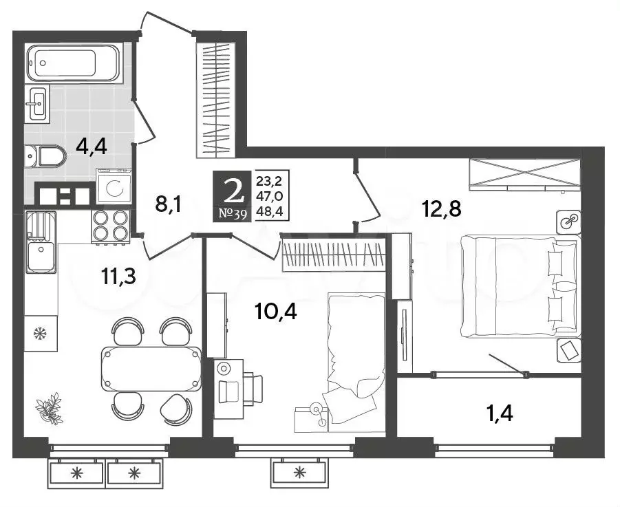 2-к. квартира, 48,4 м, 8/9 эт. - Фото 1