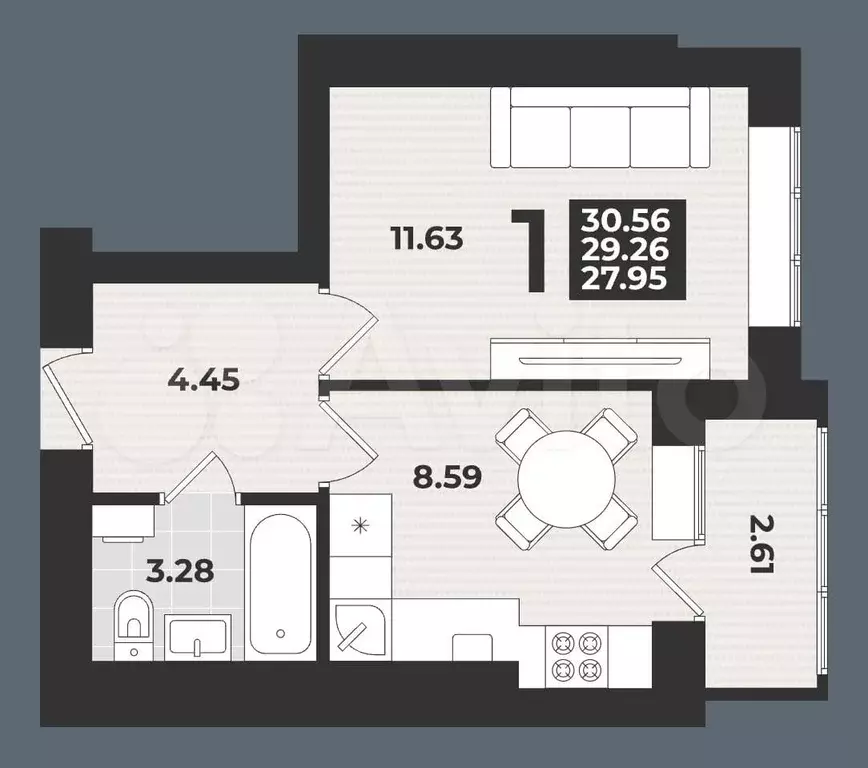 1-к. квартира, 30,3 м, 9/9 эт. - Фото 1