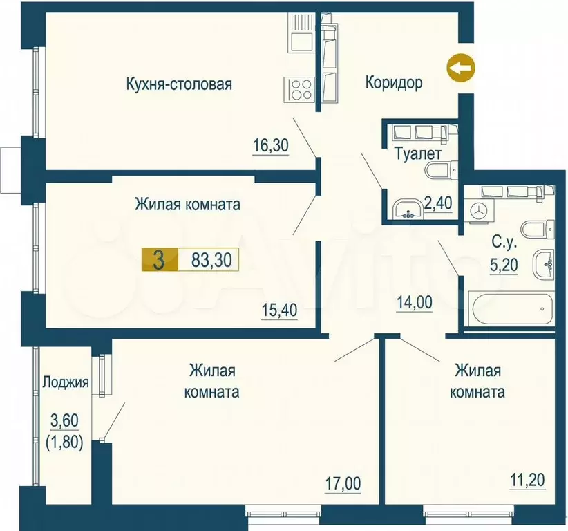 3-к. квартира, 83,3 м, 10/25 эт. - Фото 0