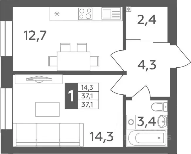 1-к кв. Башкортостан, Уфа ул. Орджоникидзе, 34 (37.1 м) - Фото 1