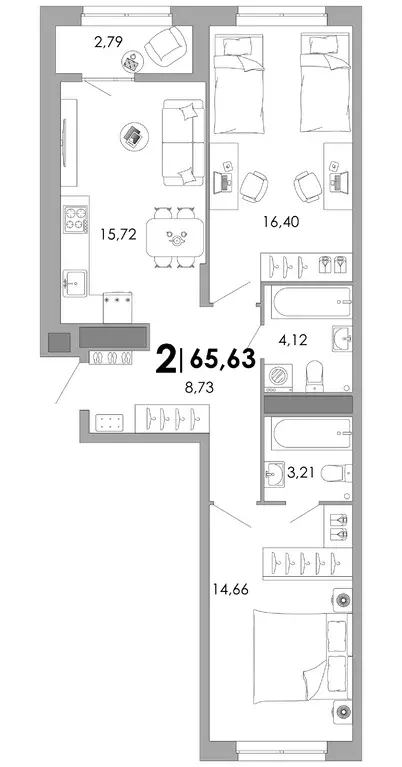 2-к квартира, 65.63 м - Фото 0