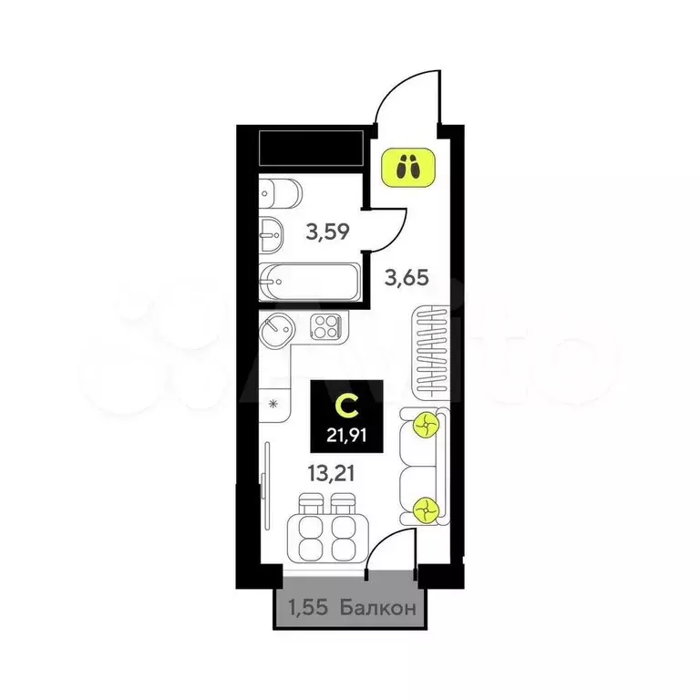 Квартира-студия, 21,9 м, 12/14 эт. - Фото 0