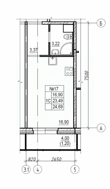 Студия Санкт-Петербург наб. Реки Каменки, 15к3 (24.7 м) - Фото 1