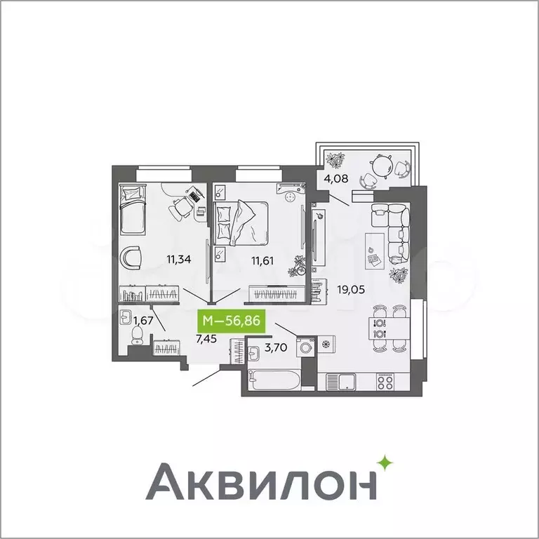 2-к. квартира, 56,9 м, 1/9 эт. - Фото 0