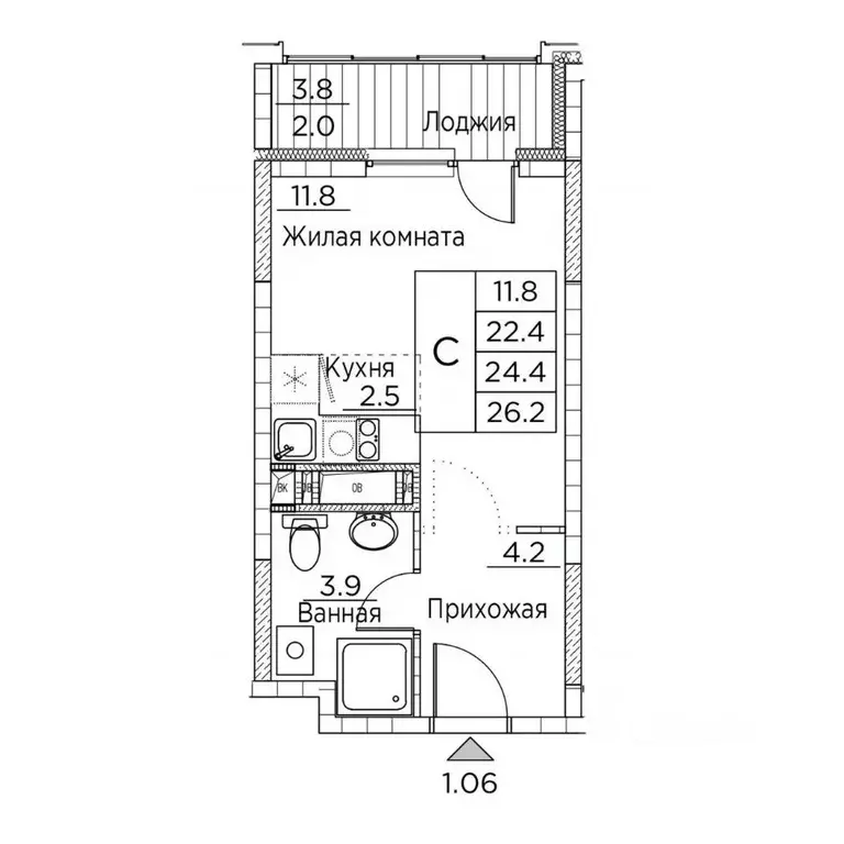 1-к кв. Приморский край, Владивосток ул. Расула Гамзатова, 7к3 (26.2 ... - Фото 1