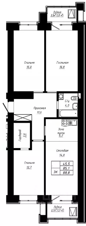 3-к кв. Алтайский край, Барнаул ул. Сухэ-Батора, 39 (88.8 м) - Фото 1