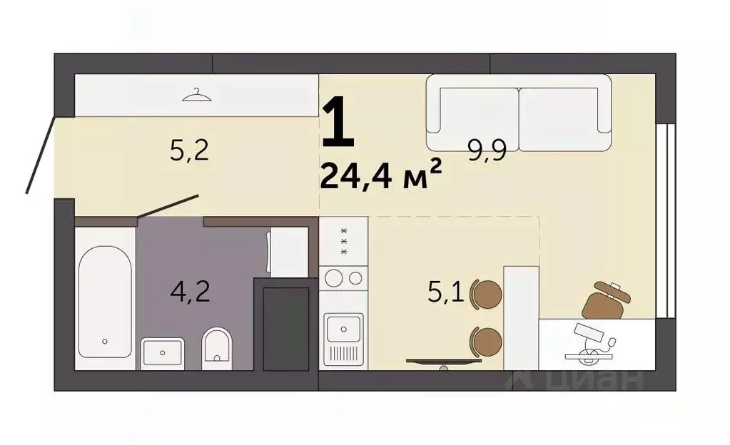 Студия Свердловская область, Екатеринбург Южный жилрайон,  (24.4 м) - Фото 1