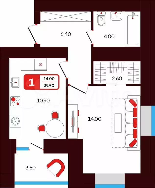 1-к. квартира, 39,7 м, 2/14 эт. - Фото 0
