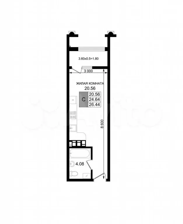 Квартира-студия, 26,4 м, 8/8 эт. - Фото 1