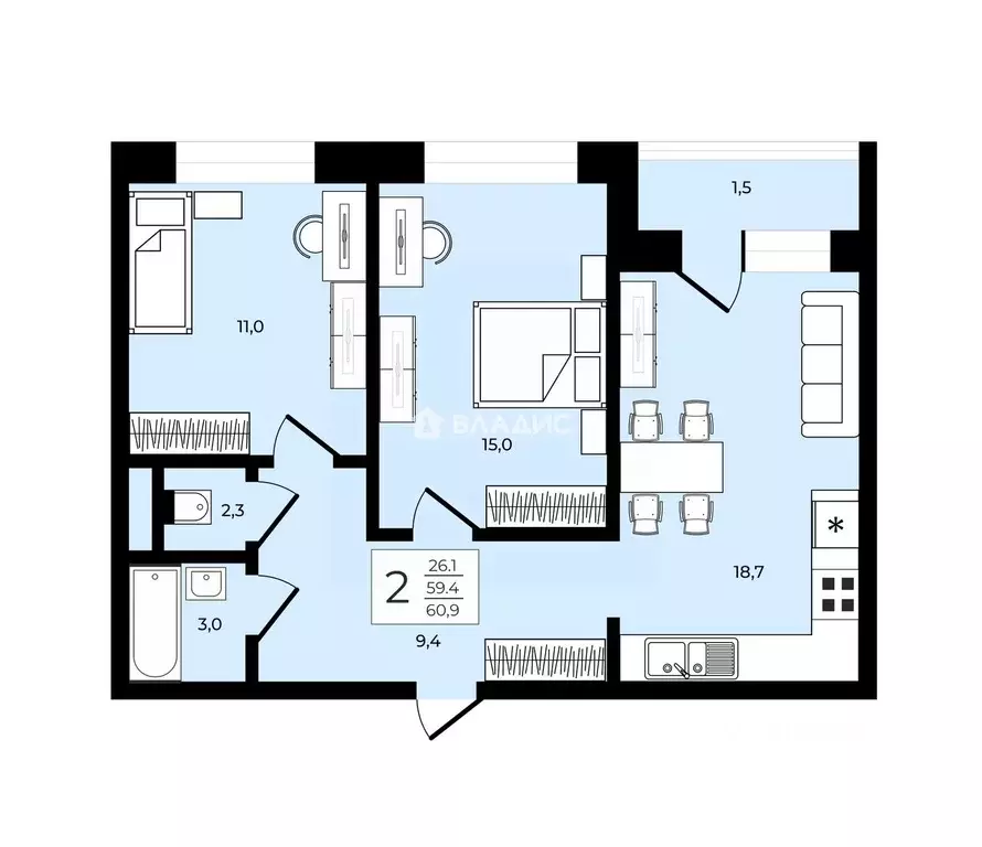 2-к кв. Ленинградская область, Гатчина бул. Авиаторов, 5/18 (59.4 м) - Фото 1