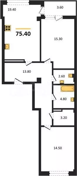 2-к. квартира, 75,4 м, 9/9 эт. - Фото 1