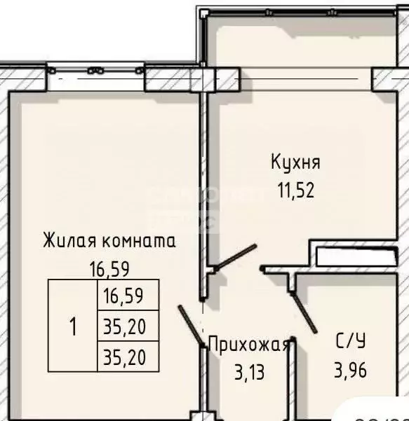 1-комнатная квартира: Нальчик, улица А.А. Кадырова, 24 (35.2 м) - Фото 1