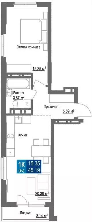 1-к. квартира, 45,2 м, 24/25 эт. - Фото 1