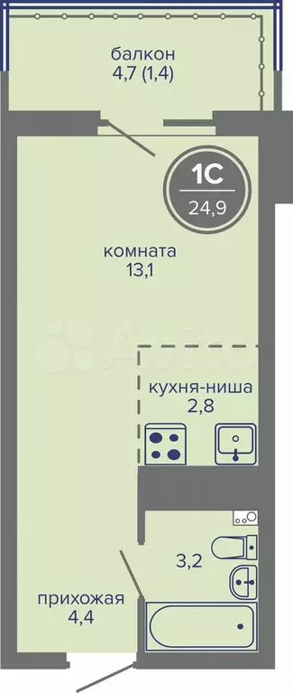 Квартира-студия, 24,9 м, 25/26 эт. - Фото 0