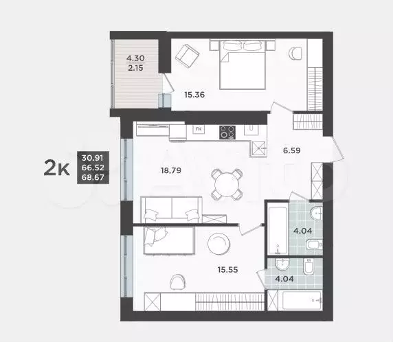 2-к. квартира, 66,5 м, 7/9 эт. - Фото 1