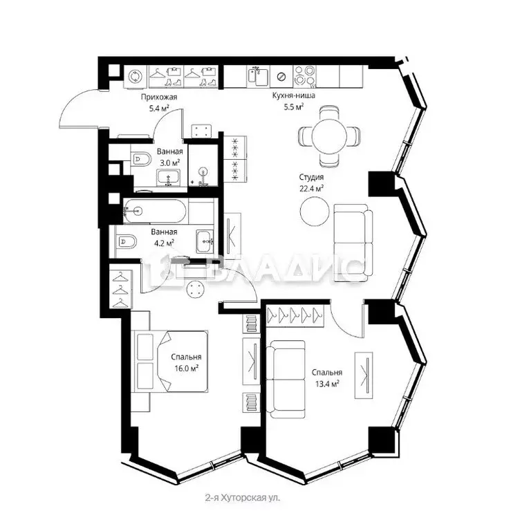 2-комнатная квартира: Москва, 2-я Хуторская улица, 34 (70 м) - Фото 1