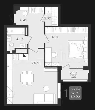 1-к. квартира, 59,1 м, 4/9 эт. - Фото 1