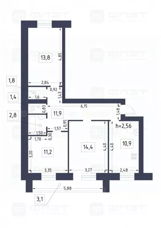 3-к кв. Татарстан, Казань Ботаническая ул., 10А (71.3 м) - Фото 1