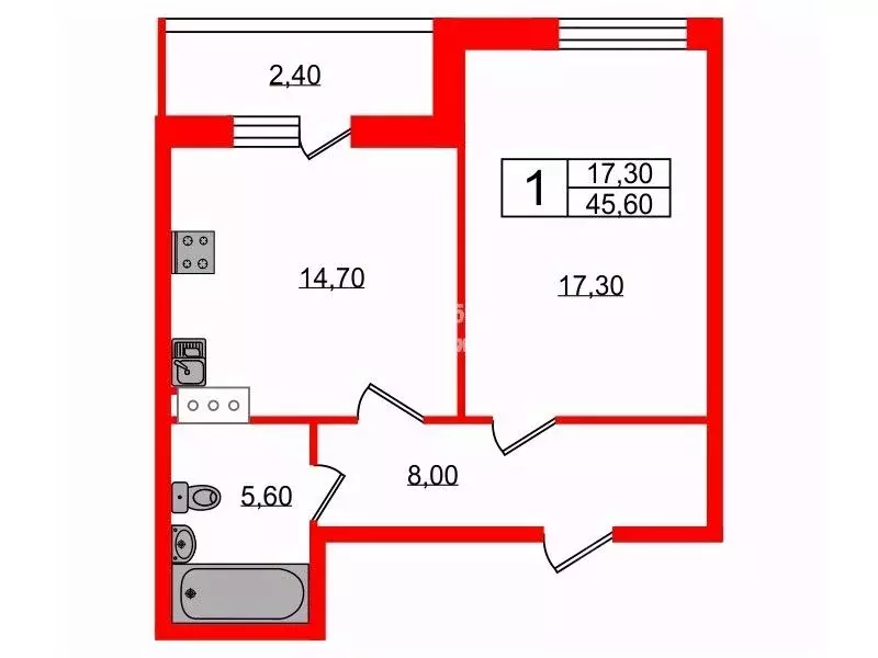 1-к кв. Санкт-Петербург наб. Реки Смоленки, 3к2 (45.6 м) - Фото 1