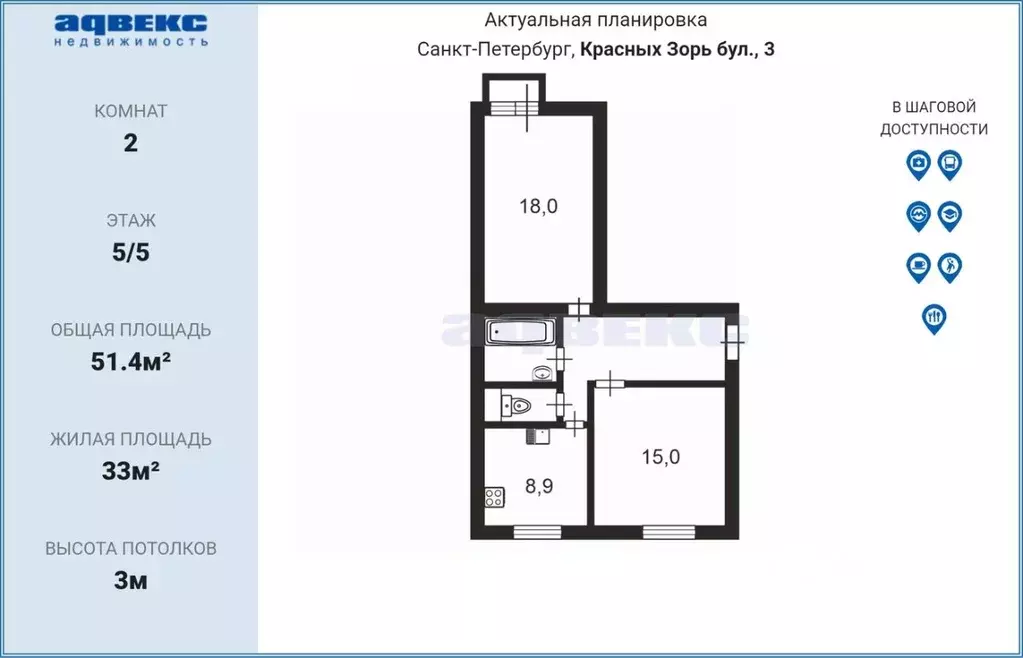 2-к кв. Санкт-Петербург бул. Красных Зорь, 3 (51.4 м) - Фото 2