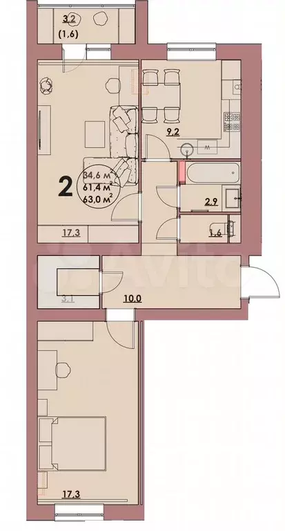 2-к. квартира, 63 м, 3/5 эт. - Фото 1