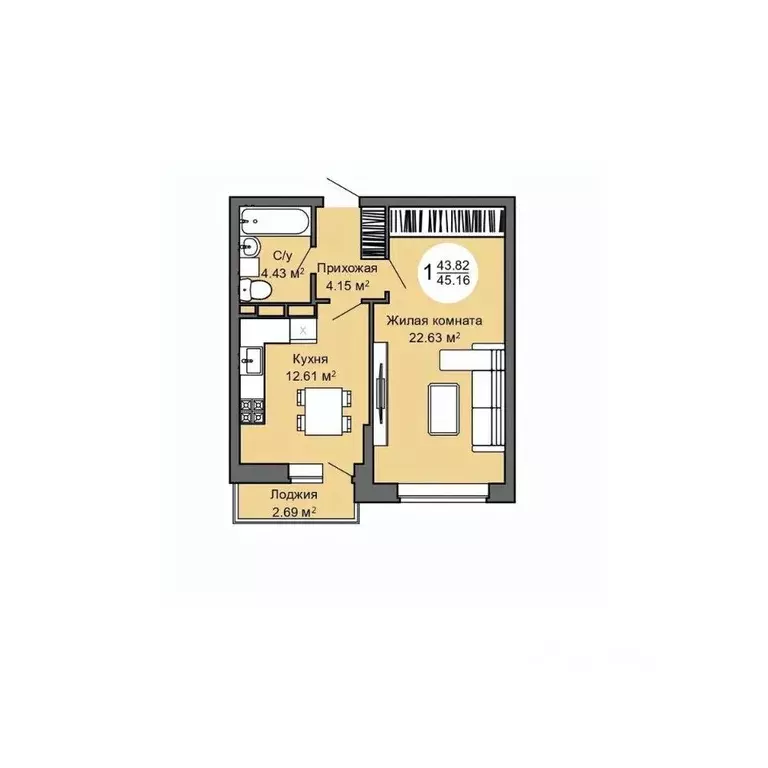 1-к кв. Орловская область, Орел Межквартальная ул., 3 (44.7 м) - Фото 1