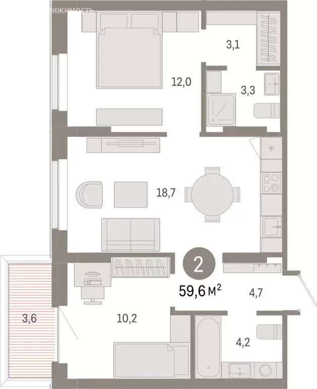 2-комнатная квартира: Омск, Кировский округ (59.63 м) - Фото 1