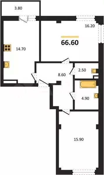 2-к. квартира, 66,6 м, 1/9 эт. - Фото 1