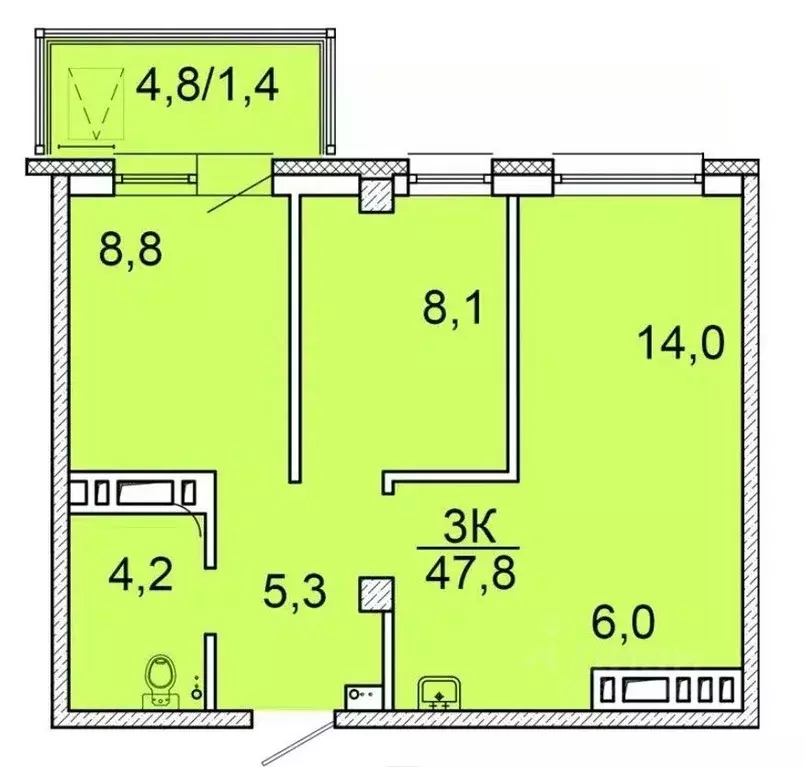 3-к кв. Красноярский край, Красноярск ул. Калинина, 175 (47.4 м) - Фото 1