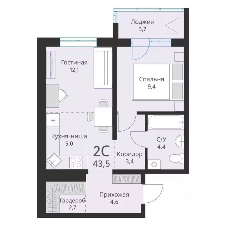 2-к кв. Новосибирская область, Новосибирск  (43.5 м) - Фото 0