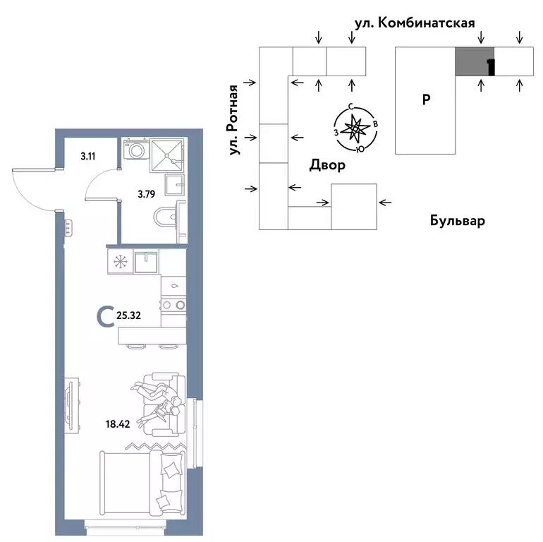 1-комнатная квартира: Екатеринбург, Ленинский район (25.32 м) - Фото 1
