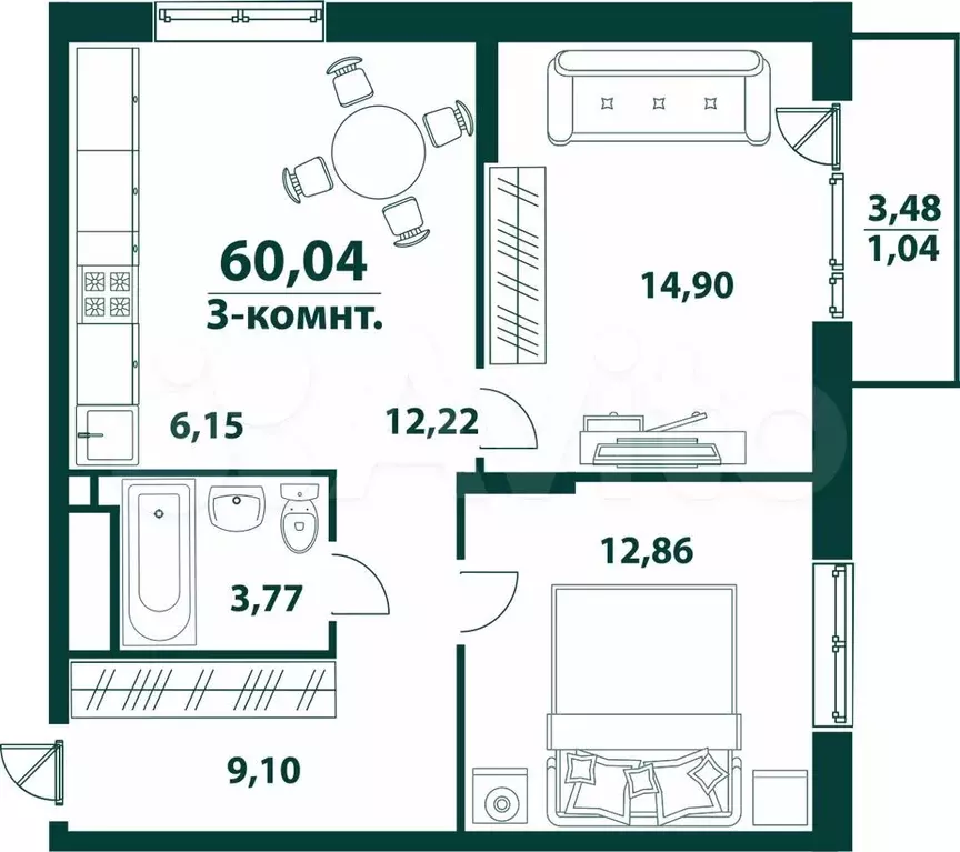 3-к. квартира, 60 м, 21/24 эт. - Фото 1