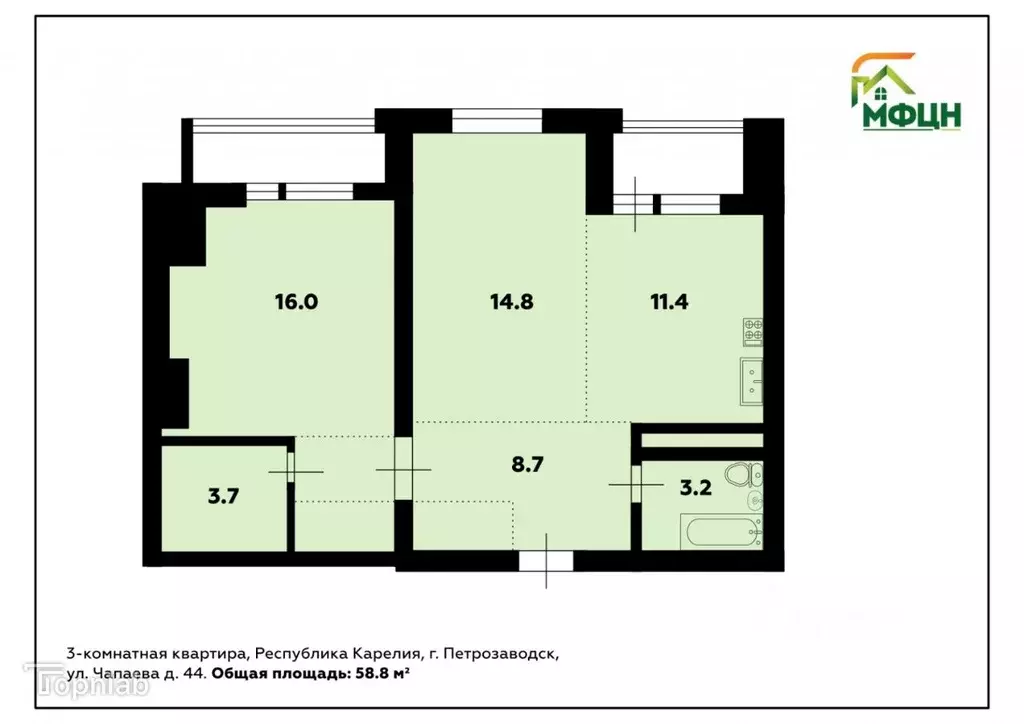 3-к кв. Карелия, Петрозаводск ул. Чапаева, 44 (64.0 м) - Фото 1