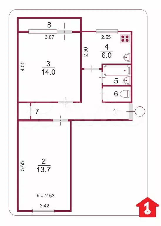 2-к. квартира, 44,6 м, 3/5 эт. - Фото 0