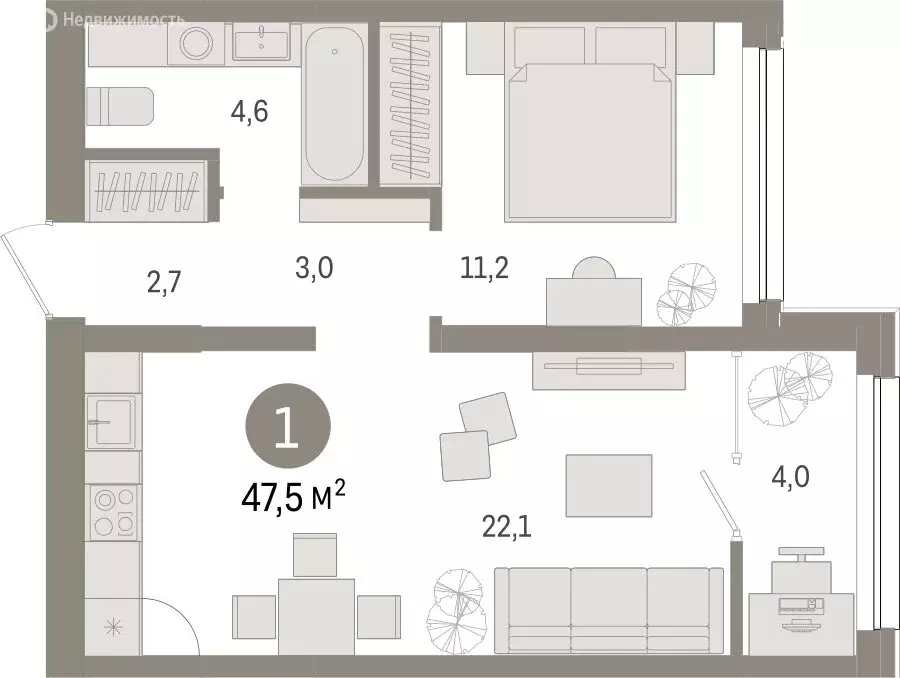 1-комнатная квартира: Тюмень, Мысовская улица, 26к1 (47.51 м) - Фото 1