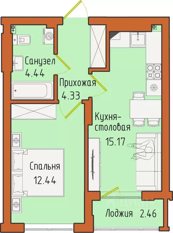 1-к кв. Калининградская область, Светлогорск пос. Отрадное,  (38.84 м) - Фото 0
