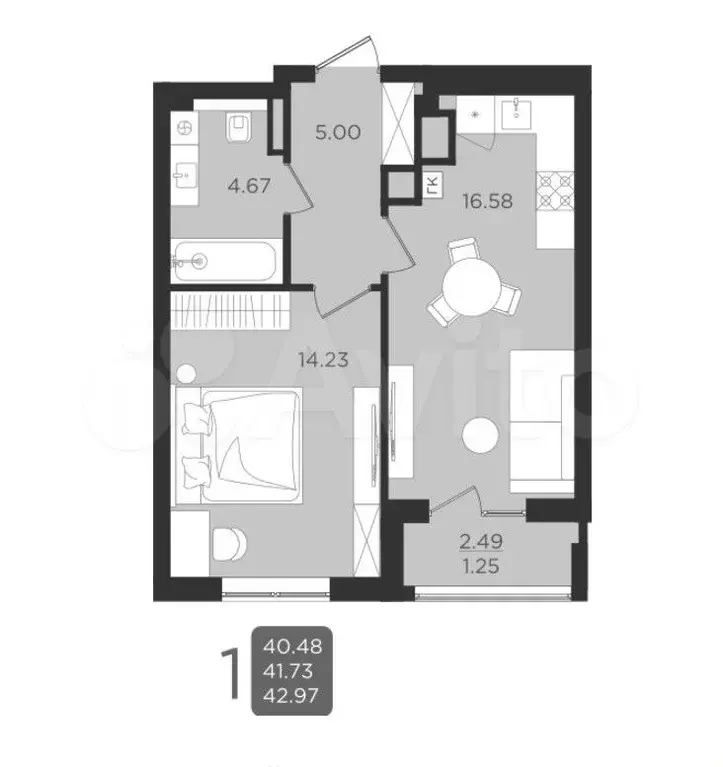 1-к. квартира, 41,7 м, 1/9 эт. - Фото 1