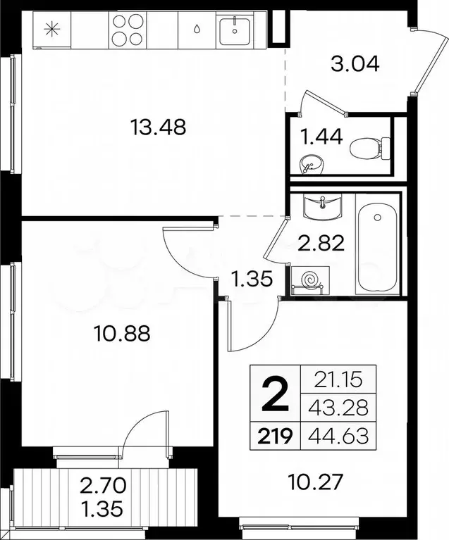 2-к. квартира, 44,6 м, 1/9 эт. - Фото 0