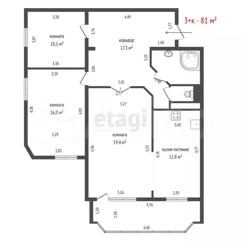 3-к. квартира, 81 м, 8/16 эт. - Фото 1