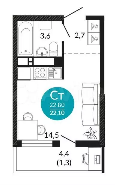 Квартира-студия, 22,1 м, 12/24 эт. - Фото 0
