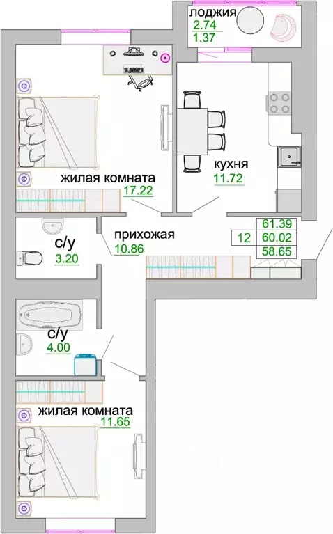 2-к кв. Калининградская область, Зеленоградск ул. Тургенева, 16А (60.7 ... - Фото 0