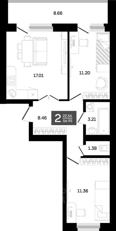 2-к кв. Башкортостан, Уфа ул. Генерала Ишбулатова, 8 (55.98 м) - Фото 2