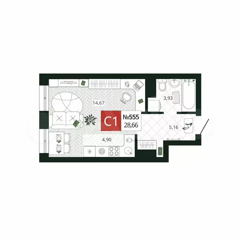 Квартира-студия, 28,7 м, 13/19 эт. - Фото 0