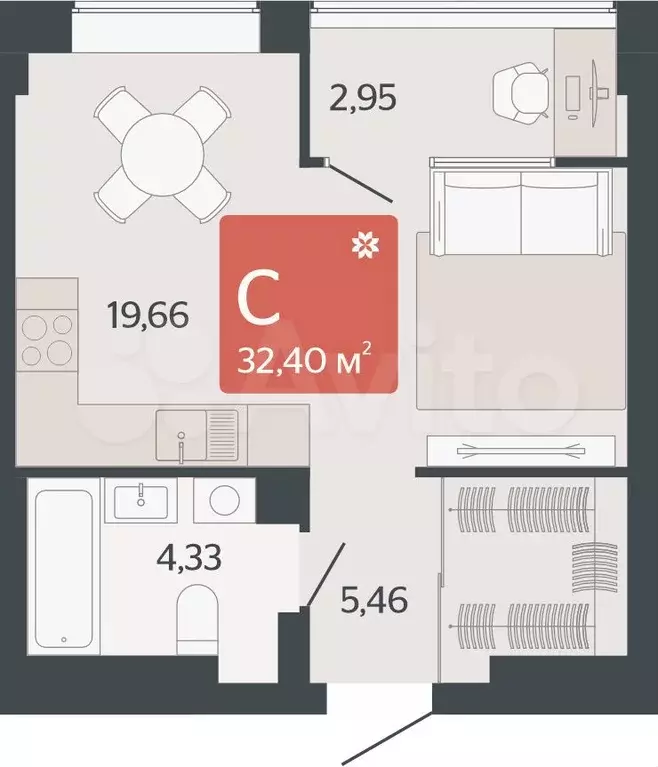 Квартира-студия, 32,4 м, 6/8 эт. - Фото 0