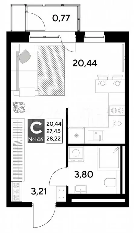 Квартира-студия, 28,2 м, 15/21 эт. - Фото 0