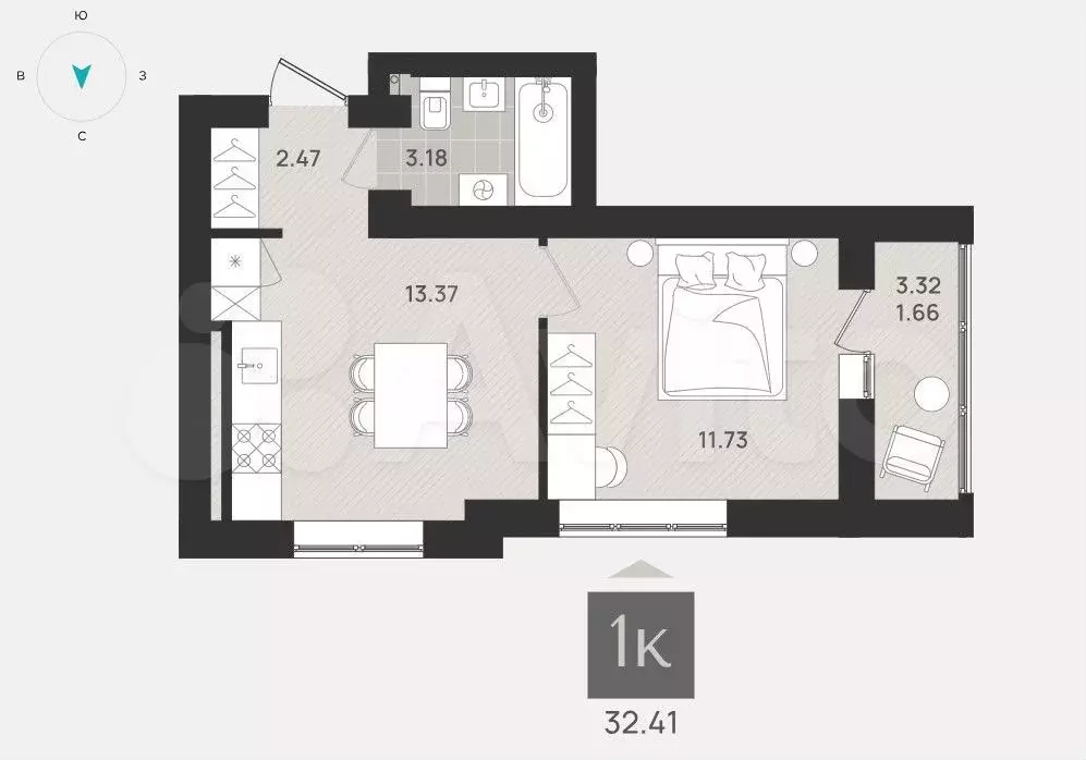 1-к. квартира, 32,4 м, 7/9 эт. - Фото 1