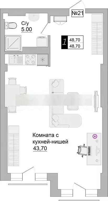 апартаменты-студия, 48,7 м, 5/5 эт. - Фото 0